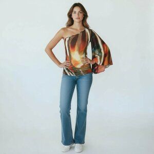 Y2K Wet Seal One Shoulder Shirt Blouse Colorful Brown Orange Sz S Boho‎ Abstract